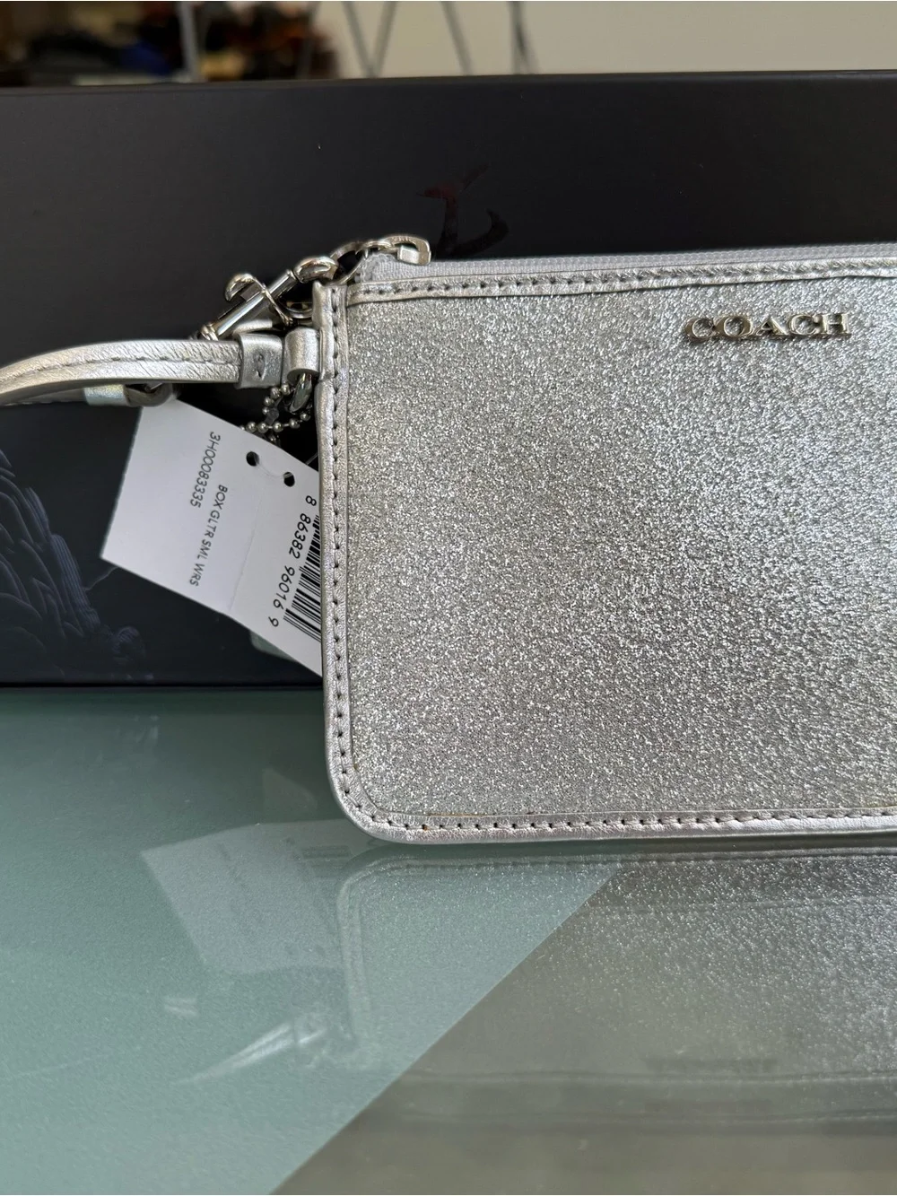 COACH Silver Metallic Glitter Wristlet Pouch